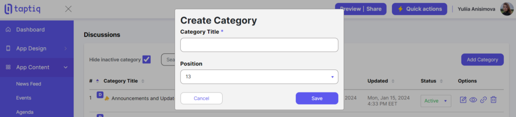 Screenshot of creating category