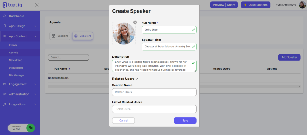 Creating a speaker in the agenda section