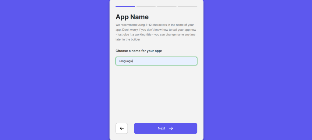 A screenshot of setting up the app name