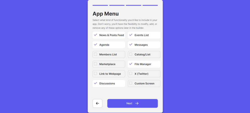 Screenshot of app menu settings