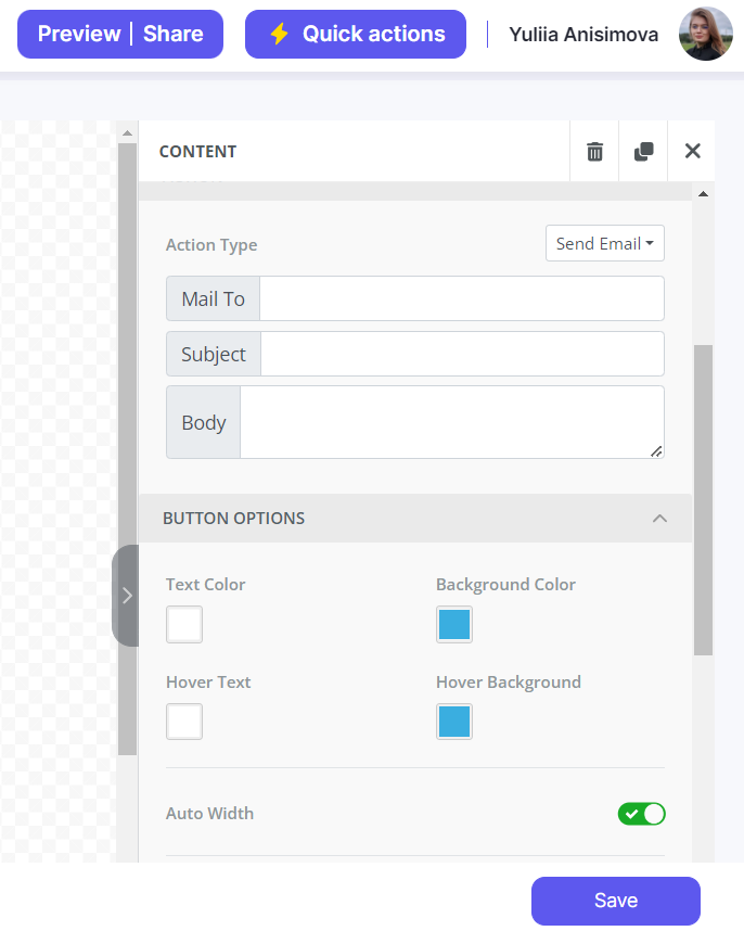 Button settings in custom screen app builder