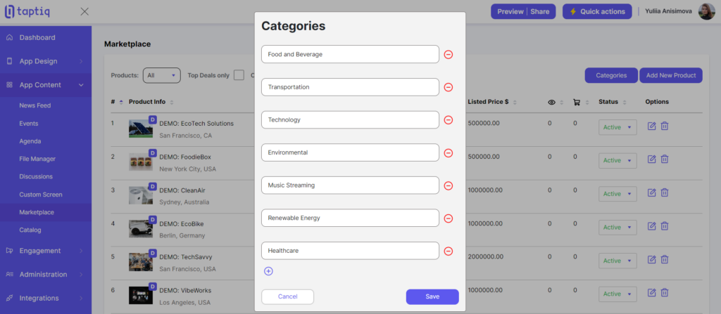 Screenshot of product categories
