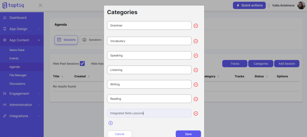 Screenshot of categories for agenda