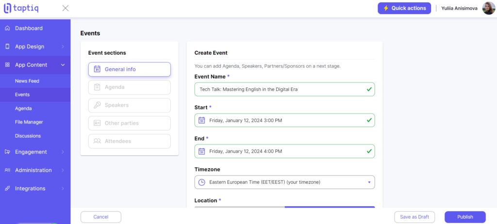 Screenshot of creating an event