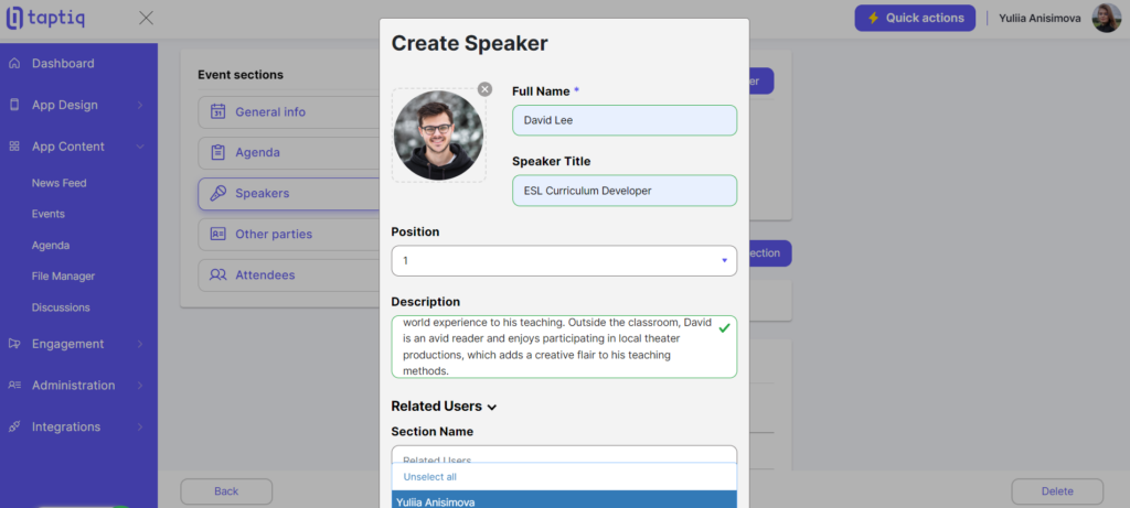 Screenshot of creating speaker for the event