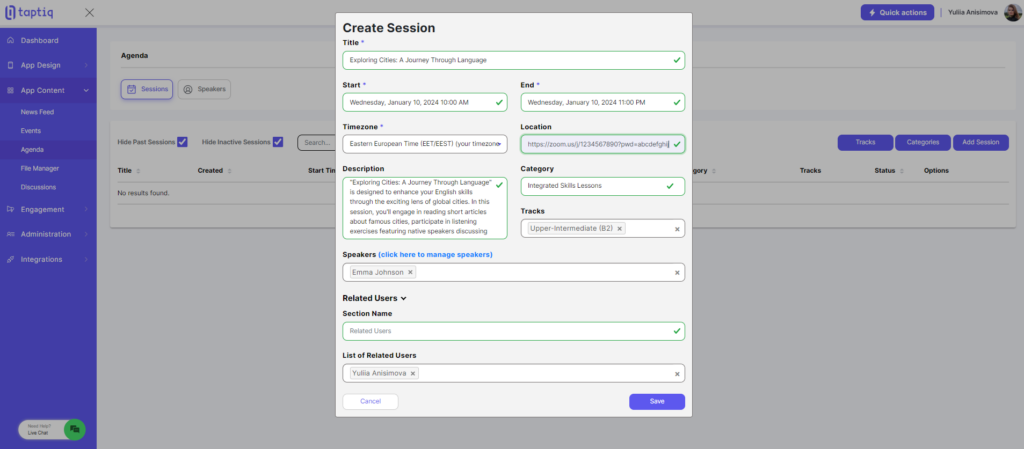 Screenshot of creating a session