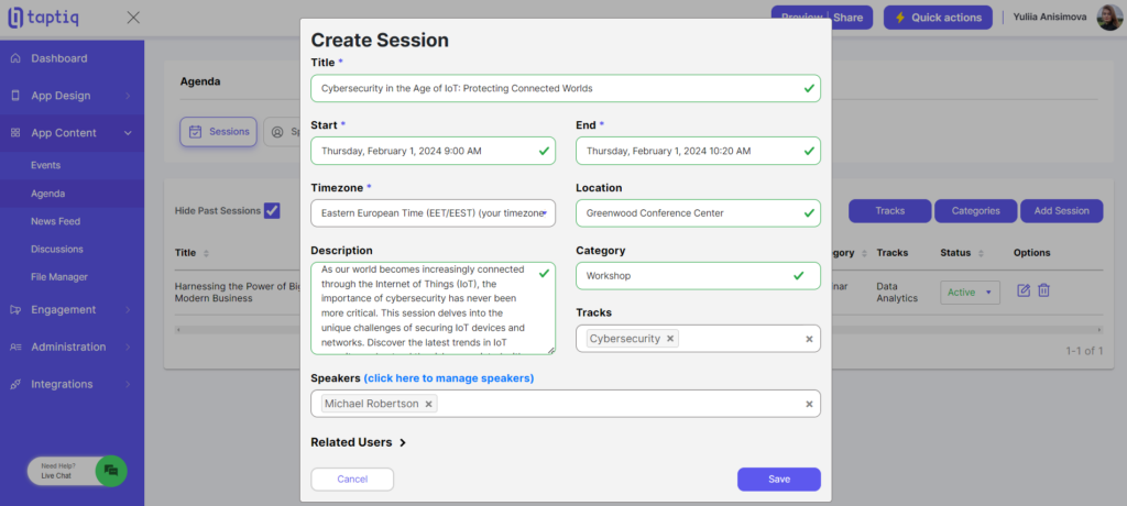Screenshot of creating the session