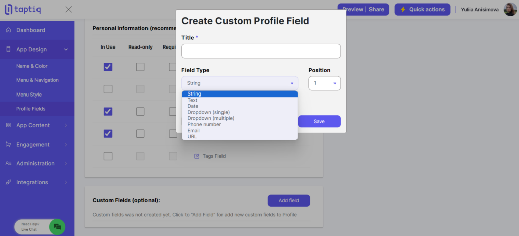 Screenshot of creating custom profile field