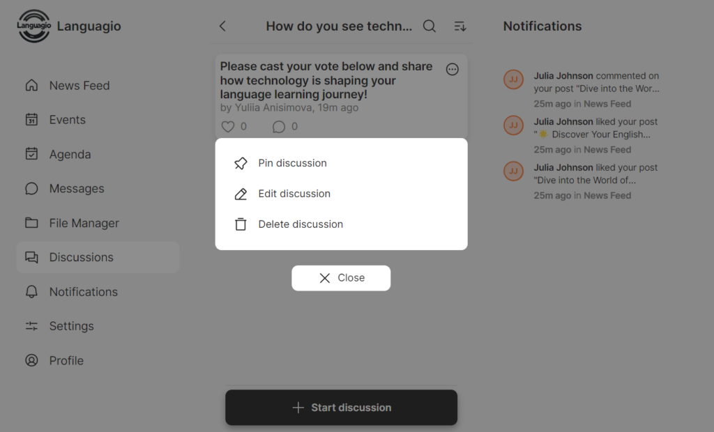 Screenshot of options for managing posts in discussions
