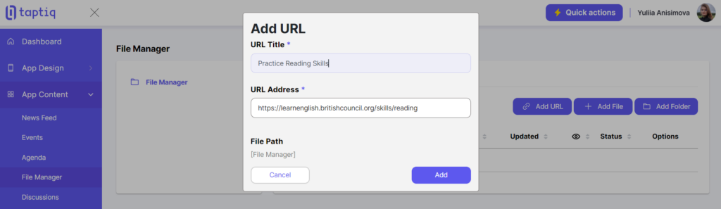 Screenshot of adding URL in the file manager