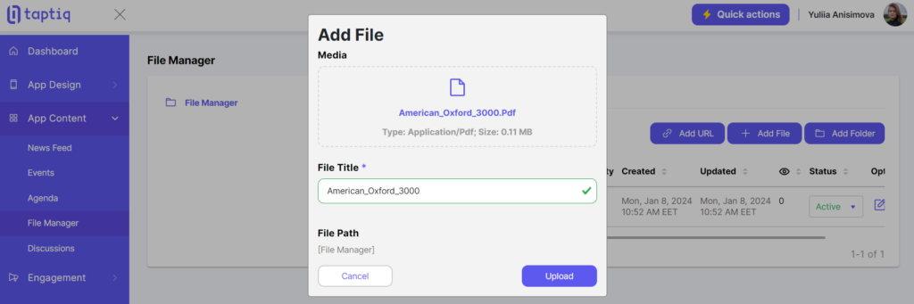 Screenshot of uploading the file to the file manager