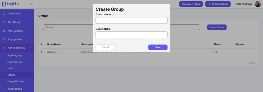 Screenshot of creating new users group