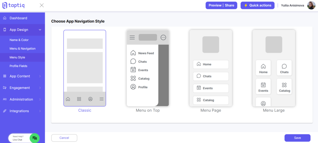 Screenshot of menu style options