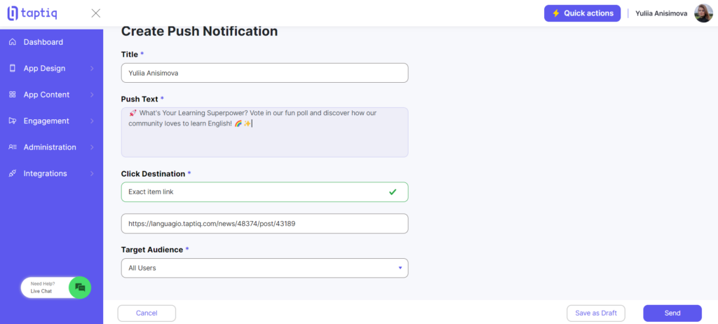 Screenshot of creating a push notification