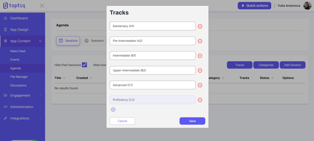 Screenshot of tracks for agenda