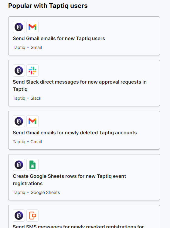 Screenshot of options for Zapier integrations