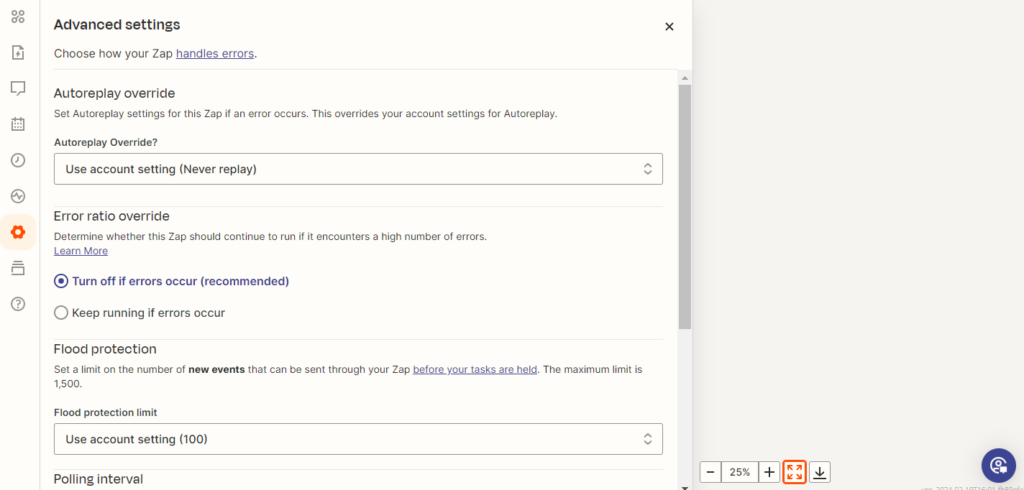 Screenshot of advanced settings tab