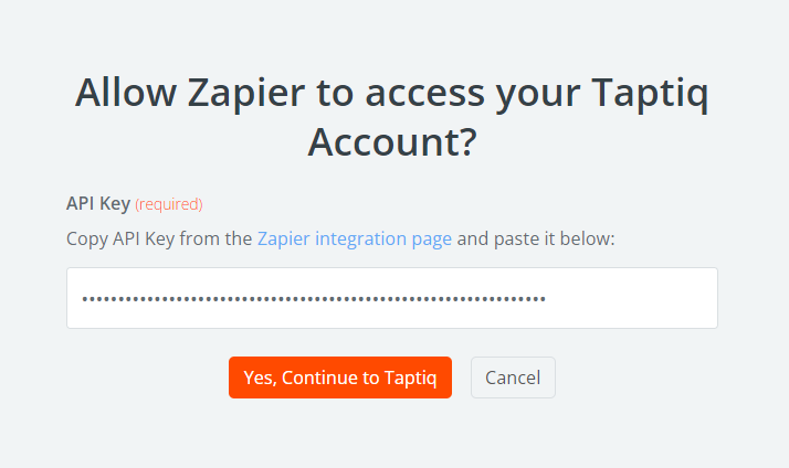 Screenshot of using API key to connect the Taptiq account