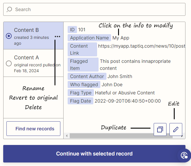 Screenshot of modifying options for test records