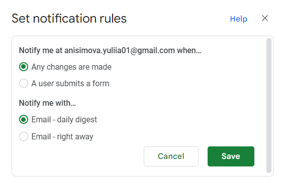 Screenshot of Google Sheets notification settings