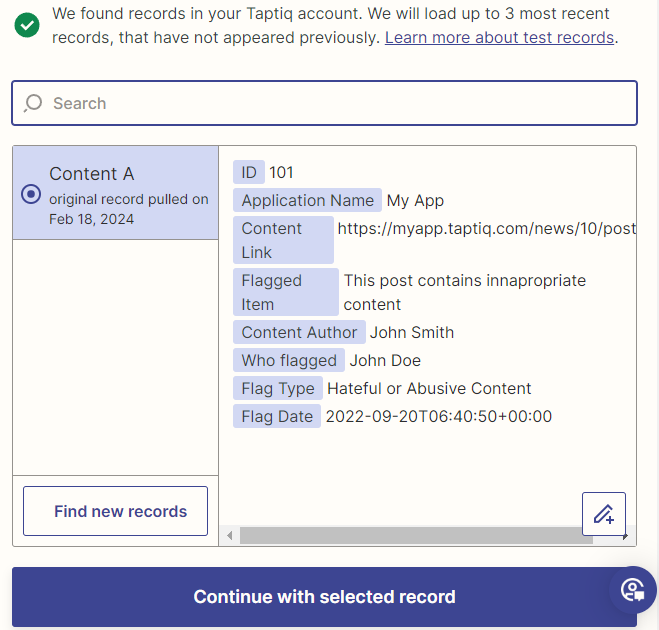 Screenshot of testing records