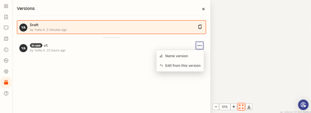 Screenshot of versions tab