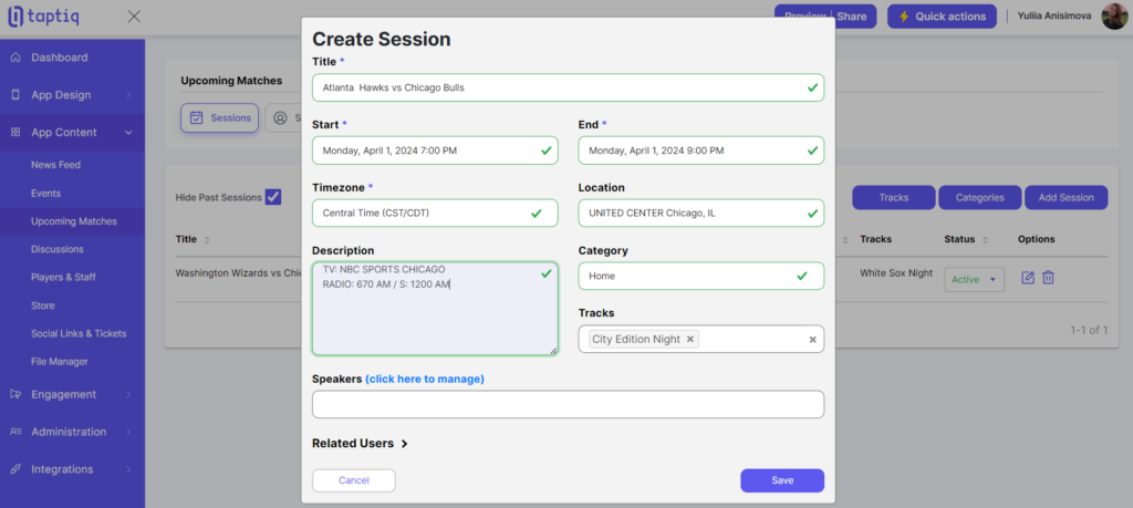 Screenshot of creating session for the agenda