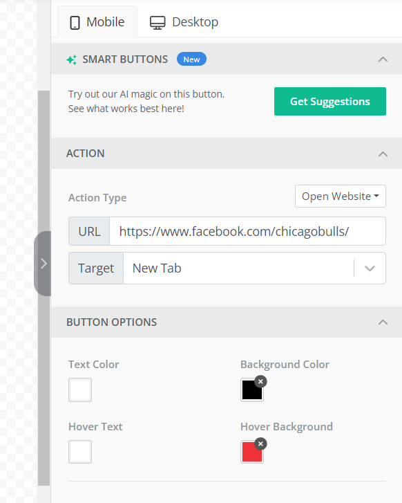Screenshot of button settings