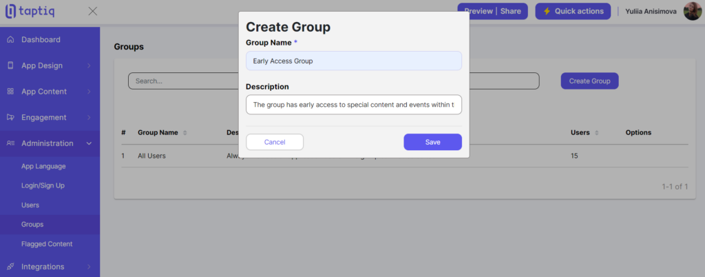 Screenshot of creating a new group for users