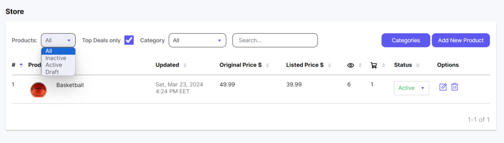 Screenshot of marketplace managing options