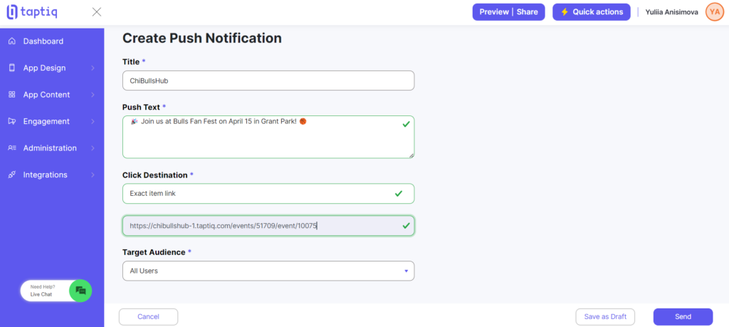 Screenshot of how to create push notifications