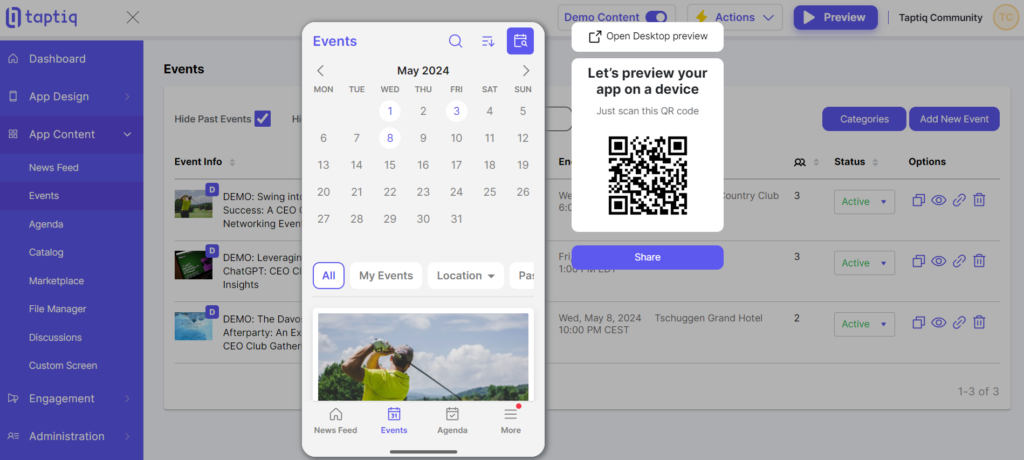 The screenshot of an events calendar