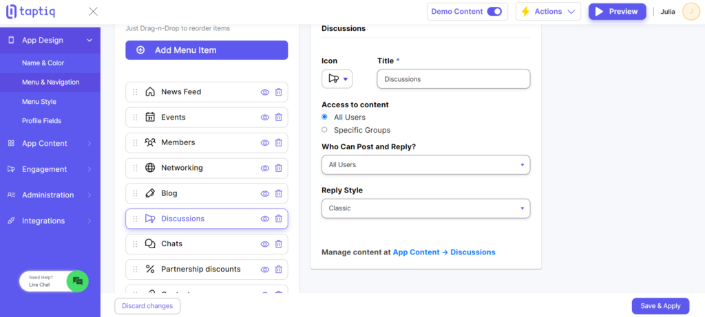 Screenshot of discussions settings