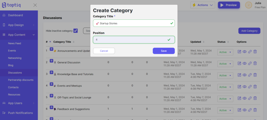 Screenshot of creating a discussion category