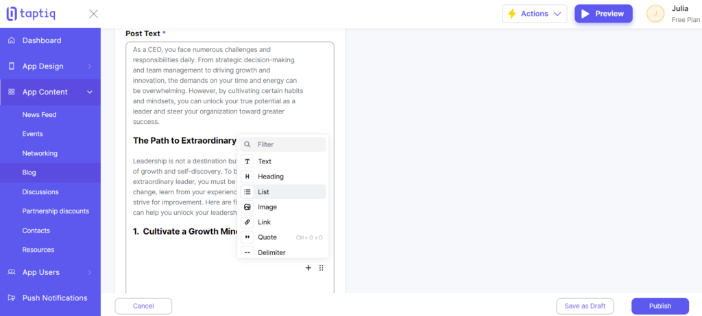 Screenshot of the content options for a blog post