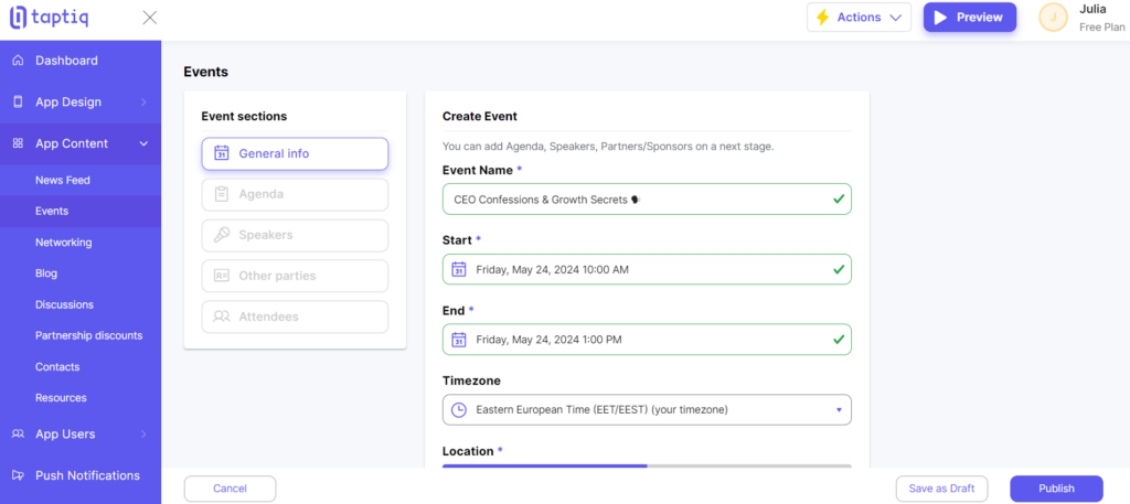 Screenshot of creating an event