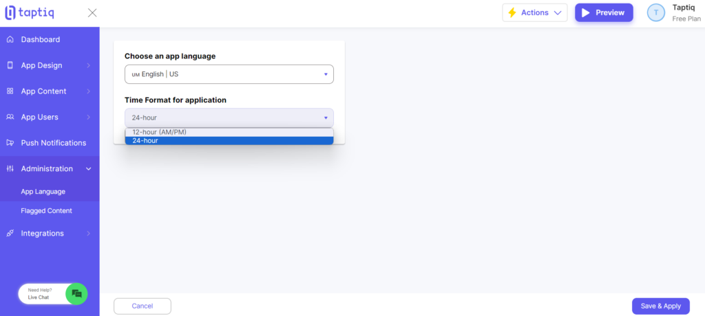 Screenshot of avaliable time formats for application