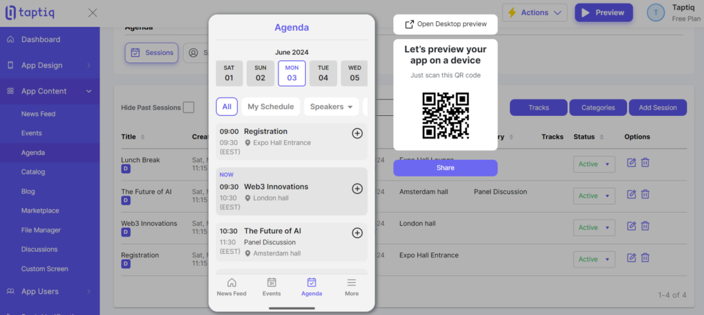 Screenshot of an updated agenda